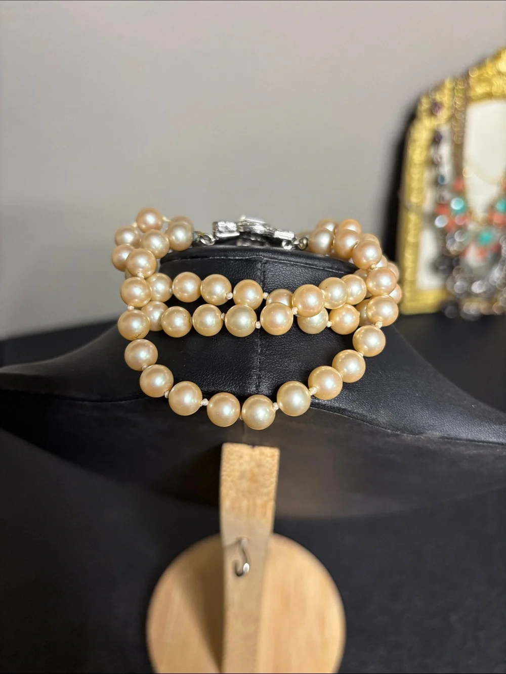 Kenneth Lane Vintage Triple Strand Faux Pearl Bracelet Rhinestone Clasp Art Deco